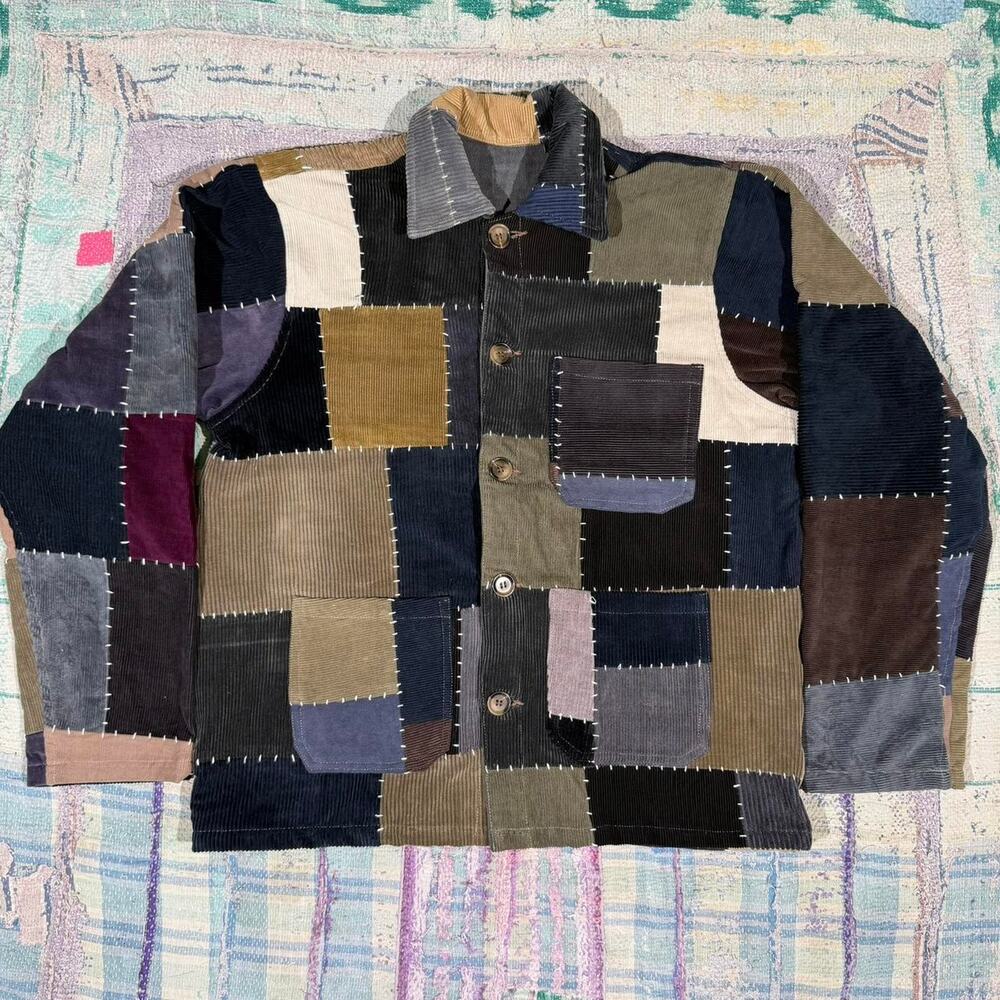 Custom patchwork corduroy jacket with sashiko hand-stitching